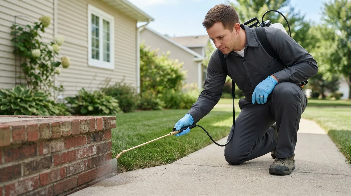 Pest control technician treating a home near Wayland, MO