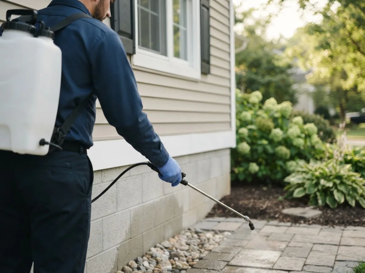 Pest control technician inspecting a home in Wayland, MO